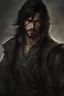 Placeholder: Hyper realistic image of a fantasy Male rogue with a patchy beard with long black hair with some bangs hanging over his face,