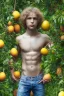 Placeholder: beautiful 12 year old arabic boy with long, blonde curly hair and light blue eyes, smiling, shirtless, in front of a distant mango tree