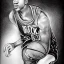 Placeholder: Realistic, drawing, black and white, basketball player, slam dunk