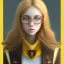 Placeholder: Girl with long wavy brown blond hair, yellow eyes. Wears Hogwarts Hufflepuff uniform, sunglasses with a yellow clip. She has a snowy owl with yellow eyes on her shoulder.