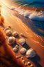 Placeholder: magic sea, beach with sand, shells, realistic, professional photo, 4k, top view, sanset, surf