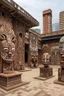 Placeholder: A brown construction zone grounds near a city designed in African masks painted by Karl Wiener