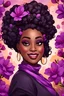 Placeholder: Create a abstract cartoon art style image of a plus size black female looking down with a smile on her face. Prominent makeup with hazel eyes. Highly detailed messy curly bun with a hair scarf tied on her head with large purple azalea flowers surrounding her. 2k