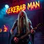 Placeholder: a very thin swedish viking man, evil with very long blonde hair (2 meter), (fat glowing eyes), he is called "KEBAB MAN" performing at death metal club, his name is "KEBAB MAN" kebab rolls On stage, kebab Neon lights and smog, and "KEBAB MAN" big sign on the wall, kebab tribal tattooes, spinning kebab machines, flames and smoke, chaos, he using gasolin and pour it on the guitar on the stage