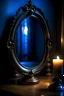 Placeholder: A candle in front of an ancient blue oval mirror in the dark