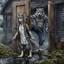 Placeholder: fantasy digital art of kicked out of the house her father out the door with his foot a very sad little anthro wolf she have wolf face gray hairy wolf body and wears just a short canvas rag around her waist , she have sadly face , rain , behind she an tall angry anthro wolf man in dark gray body hairy kicks she out the door , behind in rustic halb open door in an massive wooden house, rainy day, detailed, fantasy mood