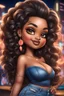 Placeholder: create an airbrush illustration of a chibi cartoon curvy black female wearing Tight blue jeans and a peach off the shoulder blouse. Prominent make up with long lashes and hazel eyes. She is wearing brown feather earrings. Highly detailed long black shiny wavy hair that's flowing to the side. Background of a night club.