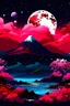 Placeholder: The sky is white, the land is red, and on top of it is a volcano whose lava is erupting, and in the middle of the sky there are stars that are pink and a moon that is green, and next to the volcano is a river that is red, from which flowers that are purple are bubbling, and in the middle of the river is a girl wearing black sports pajamas and a black hat, and in her hand is an umbrella because the sky is... It is white in color, full of black clouds, and it rains very, very heavy rain, and it th