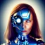 Placeholder: cyborg girl, cute, beautiful, bold, blue eyes, metal skin, seated, full body, portrait, cinematic, 8k,