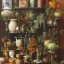 Placeholder: Finches, dresser, poet-shaped pots, brooms, a soft patina, Leonor Fini, hyperdetailed, crisp, clear, focused,