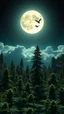 Placeholder: bright full moon landscape on green planet, space meteorites, stars in the night sky, fantasy plants on theof marijuana trees split toning effect, subsurface gaussian scattering, dark fantasy, dark botany, photorealistic image, ultra-details, Marijuana trees birds flying in to the sun clouds around the sun