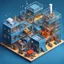Placeholder: a Detailed Model of diagrams and instructions for creating digital houses. A detailed isometric digital illustration. The central focus is a miniature, intricately detailed Miniature factory with tubes, ovens and chemical devices of all sorts, coloured fluids circulate in tubes