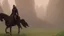 Placeholder: warrior sorcerer leading a black horse on forest path