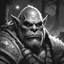 Placeholder: Generate an illustration of an old Orc warrior face from World of Warcraft in a tranquil moment looking into the distance. Picture the Orc relaxing in a peaceful setting, perhaps seated by a campfire, enjoying a serene moment of reflection or leisure. The picture should be black and white