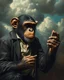 Placeholder: Bosch painting style, nightmare , a male chimpanzee dressed like a teenager asking a female chimpanzee for phone number great quality picture with cinematic scenes , heavy clouds in the background