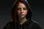 Placeholder: A young adult female with medium length red hair, brown eyes, wearing a black hoodie, realistic, slight smile