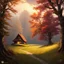 Placeholder: fairytale mood, autumn, dusk, a forest clearing with a lovely cottage