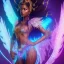 Placeholder: full body shot, masterpiece, best quality, black skinned, sparkling eyes, long hair, gorgeous African Fairy queen,wings,fluorescent skin,light blue makeup,sparkly glass diamond transparent,synthwave, light indigo, trasparent , irridescent, highly detailed body, sun light, 4K, RAW, depth of field, high contrast, realistic details, 24mm vaporwave aesthetic, synthwave, artstation, concept art, smooth, extremely sharp detail, finely tuned detail, ultra high definition, 8 k, unreal engine 5, ultra sh