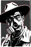 Placeholder: western styles man with wide flat brim hat shading face, wearing a gas-mask, vignette, black and white graphic novel style with a red outline on black background, gothic body horror