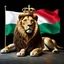 Placeholder: Create A hyper-realistic highly detailed, image of a majestic lion lying down, wearing a royal crown. The lion's fur should be rich and textured, with a regal and powerful presence. Behind the lion, the big flag of the Republic of Bulgaria(white, green,red) waves gracefully, its white, green, and red colors vivid and well-defined. The background should be an elegant, deep black, creating a striking contrast that enhances the grandeur of the lion and the flag. The lighting should be drama