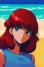 Placeholder: 1girl, retro anime, 80's, redhead,portrait, synth-wave colors, beach