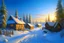 Placeholder: photorealism, blue sky, dawn, snowy, sunny rays, beautiful sunny morning, very beautiful big Russian village, beautiful small wooden logs, various carved beautiful houses of different colors, fluffy trees, long snow-covered path, fluffy snow, yellow-blue shadows, professional photo, pastel colors, high resolution, high detail, ISO 100, realistic, beautiful, aesthetically pleasing, soft lighting, dim lighting, bright lighting