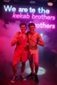 Placeholder: An "Identical twins" performing at dance club, theyre name is "Martin and Mercurius" Happy and celebrity look, , Neon lights and smog, "We are the kebab brothers" big sign on the wall