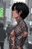 Placeholder: tattooed korean man, 3d anime, Asain man, nice profile, attraktive handsome, medium long black hair, hot body, his body with geometric tattoos, strong lines, deep dark colors, blur random city background, highly detailed, modern vibe, artwork, grayscale, no photorealism