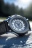 Placeholder: "Generate an image of a frosted watch in an outdoor, snowy setting. The watch should glisten under the winter sun, with snowflakes delicately resting on its surface."