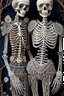 Placeholder: Celebrity skeleton couple dressed in intricately detailed designer suits made from macrame and quilling found in nature.