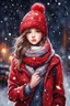 Placeholder: Painting of a cute girl in a red hat and scarf, pretty face, snowfall in the background, bright night