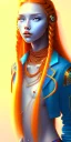 Placeholder: human kingfisher girl with long blue hair and orange strand of hair wearing a blue winter coat and a gold necklace