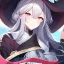 Placeholder: Clear focus,High resolution, grey long fluffy hair, long fluffy bangs, pink eyes, wearing a witch outfit, extreme close up, front hair cover eyes, holding hat, looking up