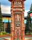 Placeholder: A light rosy orange colored mechanized fortress designed in pacific Northwest totem poles painted by Cai Jia