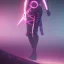 Placeholder: female synthwave ninja with a creepy stare, exposed belly, weilding dual swords