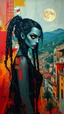 Placeholder: full body, wildly stylized abstract realist painting of a bold, audacious female vampire with highly detailed long dark braided hair and facial features and luminous glowing eyes in the style of Jeremy Mann, her silhouette residing amidst bold, attention-grabbing abstract design that's defined by a wash of vibrant, highly saturated natural hues, juxtaposed against stark, surrealist medieval Spanish landscape of bustling colored cityscapes