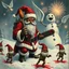 Placeholder: there is no kebabs at christmas, evil Santa, evil naked gnomes running around, staring flaming eyes, evil naked Rudolf, very big evil melting angry Frosty the snowman in background, 1940 christmas postcard, blood stains, Flying angels, Santa holding a chainsaw, fireworks, Tim burton style