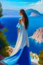 Placeholder: A tall, slender and very beautiful girl who looks at me. Her dress is of amazing colors, from blue to white.in the background is the Greek island of Samos.