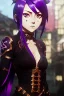 Placeholder: Detailed cute anime Kunoichi girl, purple hair buns, purple bangs, black latex bodysuit, intricate details, full body portrait, keep head in frame, slight smile, black Japanese motif, concept art, highly detailed, digital painting, concept art, sharp focus, illustration, art by Yoji Shinkawa, WLOP and greg rutkowski and alphonse mucha and artgerm and yanjun Chen and Junji ito and Makoto Shinkai, HDR, octane render