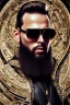 Placeholder: Artistic photo in the audacius style of Jill Greenberg, of man with a luxurious and striking style, abundance of jewelry, oversized square one-piece sunglasses, neat black beard, prints, extravagant, barroque scene , impasto style with thick texture