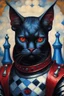 Placeholder: Portrait of a cat by Van Gogha giant black bull humanoid wear cyber armor black and dark red he has telegram blue and white logo app on his chess he has a black and red wings he is in the castel