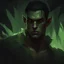 Placeholder: standing male, young green orc, male, 2d, portrait, ripped shirt, ripped pants, dark jungle background, poster, blood, Charlie Bowater, smirk, cinematic illustration, light green skin,