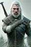 Placeholder: Henry cavil face, Crystal yellow eyes, long white hair, wearing The witcher 3, realistic, 4k, intricate, best quality, fog particles, fire particles, octane render, vray, sword fire