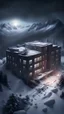 Placeholder: Hyper Realistic areal view of an dark abandoned hospital on the top of a mountain at heavy snowfall night