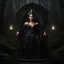 Placeholder: Morena Baccarin as a beautiful sexy dark elf queen seated elegantly on a throne in a mystical forest, dark celtic vignette frame, photo-realistic, cinematic lighting, award-winning photography