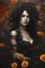 Placeholder: abstract creation of a beautiful girl with black curly hair, surrounded by black roses, wrapped in thick metal chains, glass petals on the ground, autumn and bright colours,dried out thorn bush, chaos,