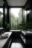 Placeholder: bathroom, dark wood, black and white, modern, plants, window overlooking the forest