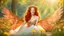 Placeholder: A gorgeous smiling red head model in a fairy outfit with great glittering wings in a hills of flowers with 1000 y/o trees, a small torrent, loads of mini flowers, moss, sun rays through the branches, particles in the air at spring