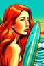 Placeholder: Arte colorida de rosto de mulher sexy, cabelos vermelhos e prancha de surf na mão. Rosto grande em primeiro plano.