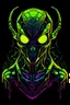 Placeholder: Vibrant Vector Art, Front View, alien robot with armor, neon green, yellow and purple lava veins, stylized, half body, half skin, black background, closed mouth , wider face, electric eyes